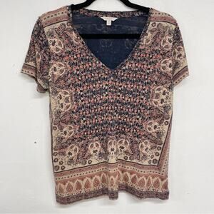 Lucky Brand Brown & Cream Printed Short Sleeve Blouse Womens S Boho Casual